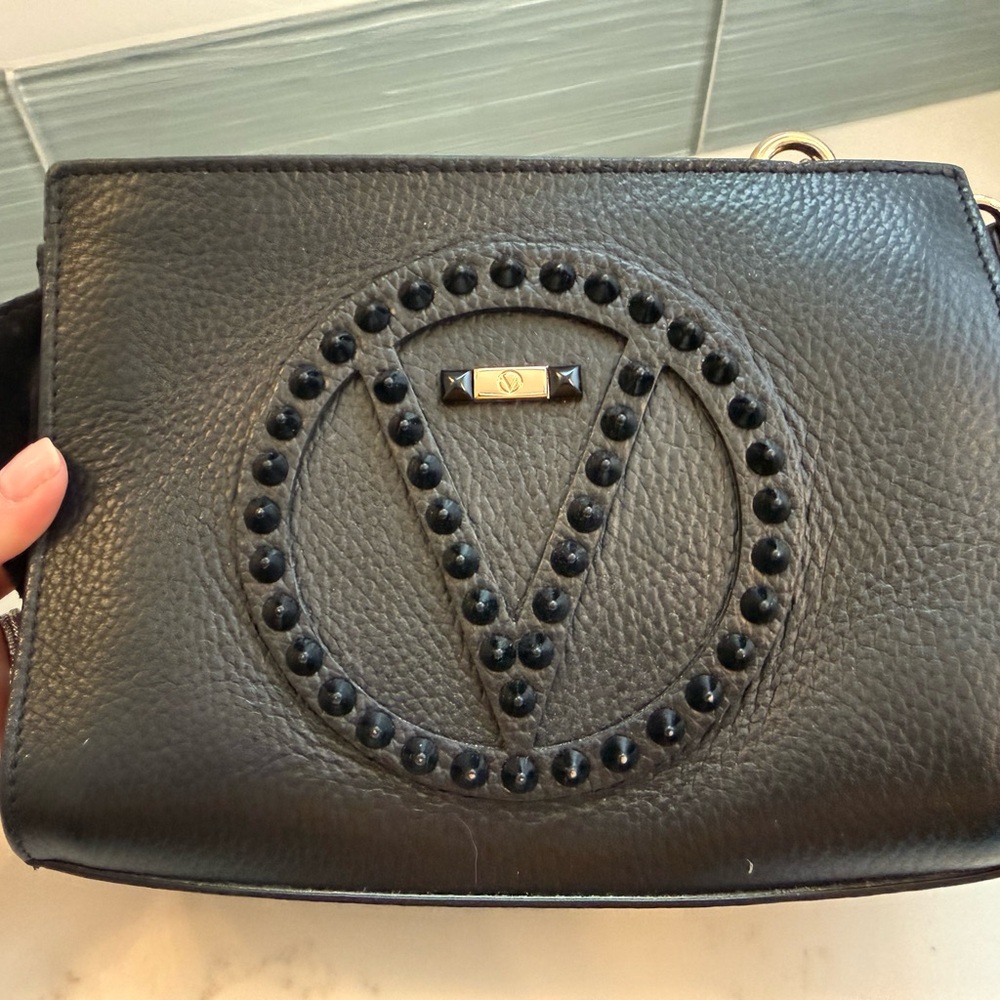 Mario Valentino Black Studded V Logo Crossbody Bag